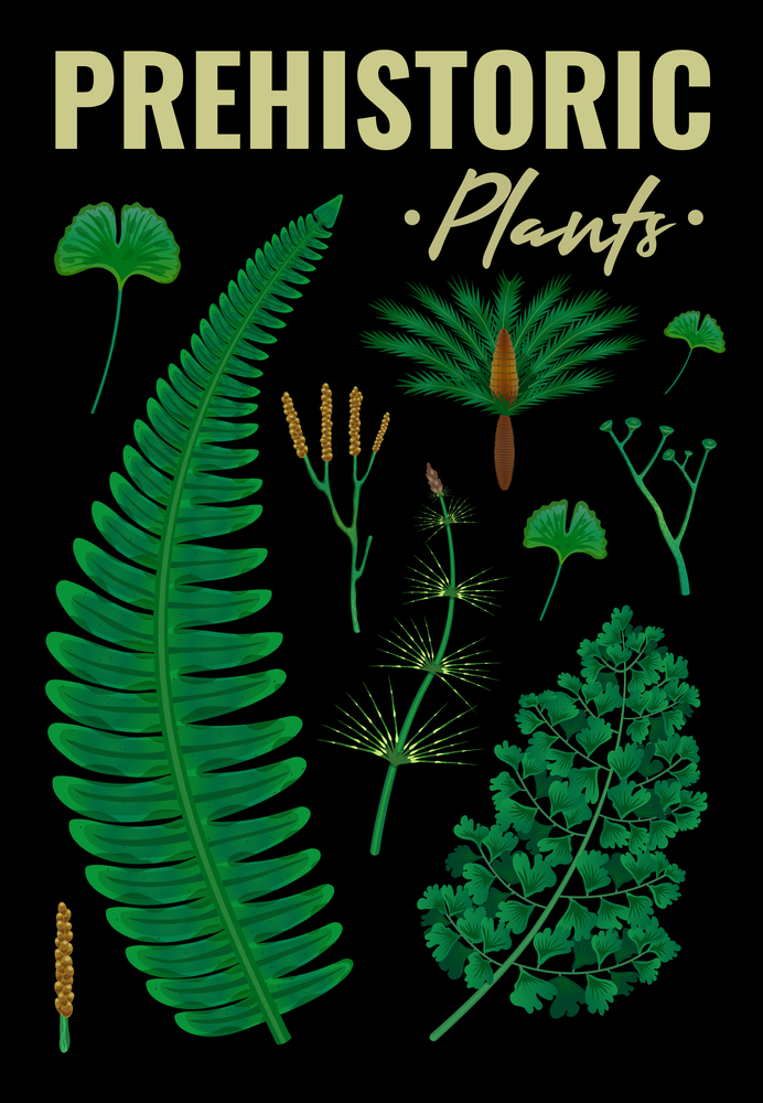Prehistoric plants vertical background composition of ornate text and ancient green herbs images on black background vector illustration