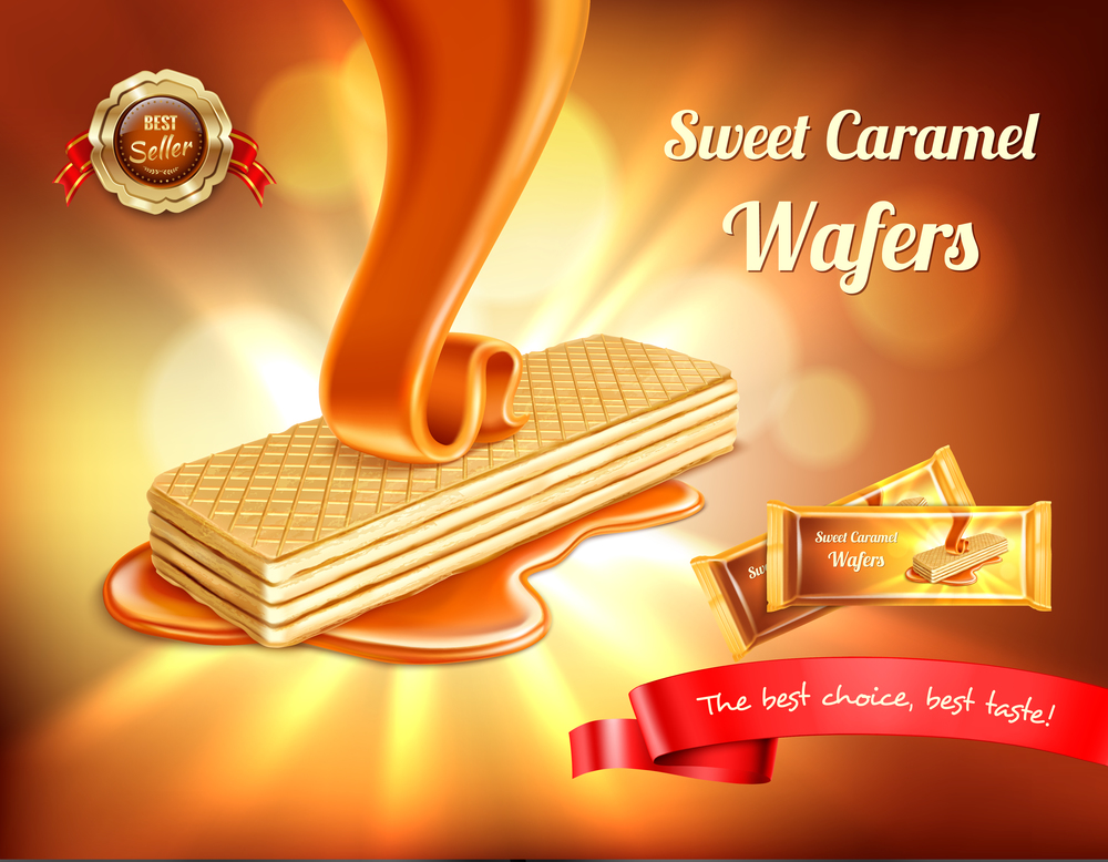 Wafer realistic advertisement background with blurs lights and pouring caramel with editable text and pack shot vector illustration