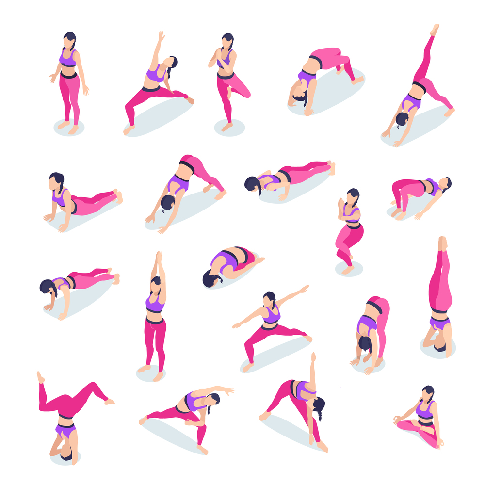 Woman performing stretch fitness gym workout exercises lotus yoga poses isometric icons set pink pants vector illustration