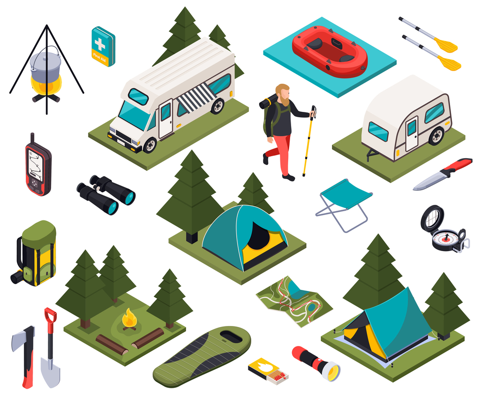 Camping hiking touristic isometric set with isolated icons and images of outdoor adventure goods and outfit vector illustration