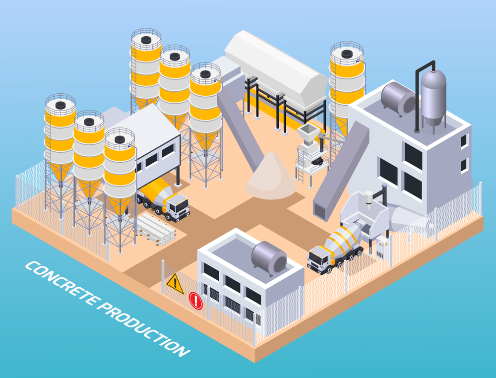 Concrete cement production isometric composition of text and above view of industrial site with factory buildings vector illustration