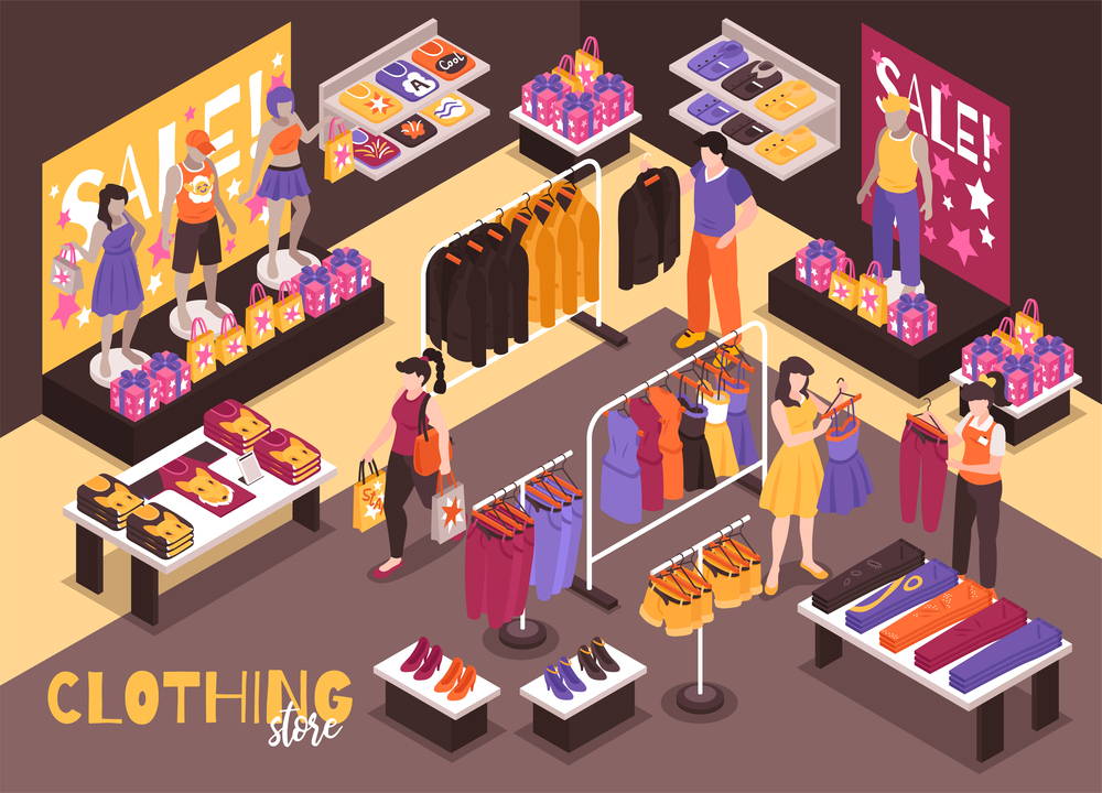 Clothing department store interior isometric composition with customers shopping assistant helps choosing fitting stylish garments vector illustration