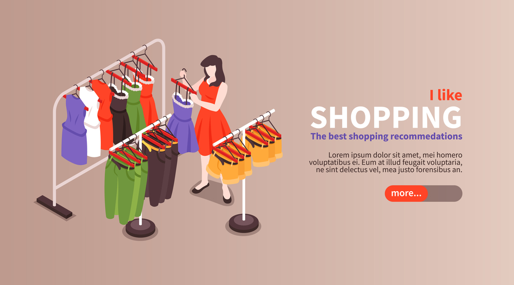 Clothing shopping tips isometric horizontal web landing page banner with buying best figure flattering colors vector illustration