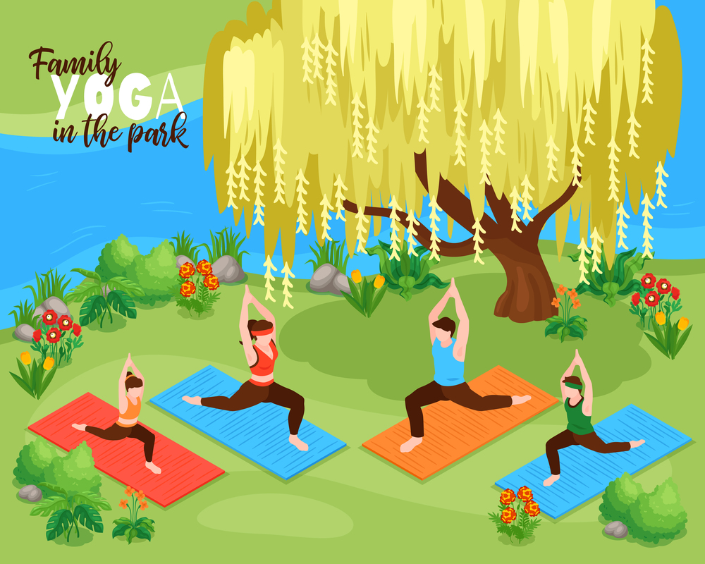 Family yoga isometric background with physical exercise in the park vector illustration