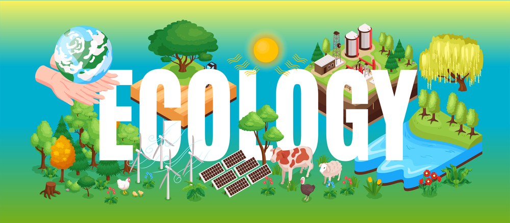 Ecology isometric horizontal banner header title lettering with forests water solar panels renewable energy resources vector illustration