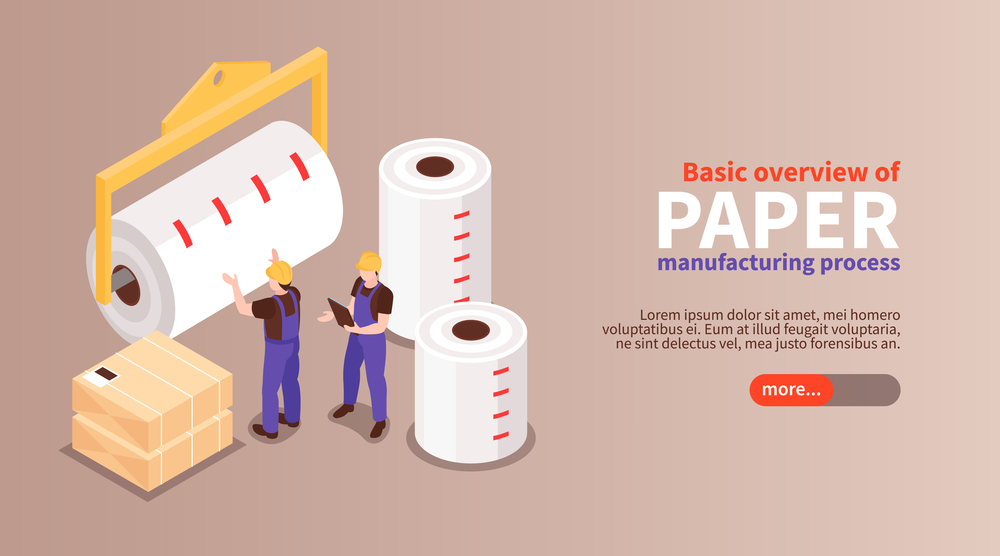 Basic overview of paper manufacturing process isometric horizontal web banner landing page with finished rolls vector illustration
