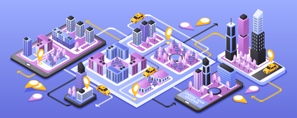 City taxi online service narrow isometric banner with smartphone navigation app schema blue purple background vector illustration