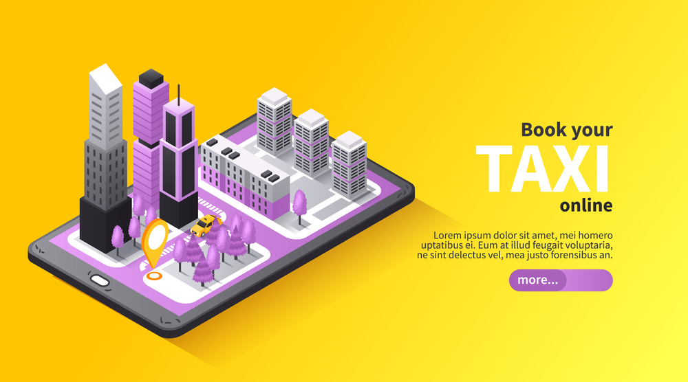 Taxi transfer booking online isometric landing page design with 3d city map on mobile screen vector illustration