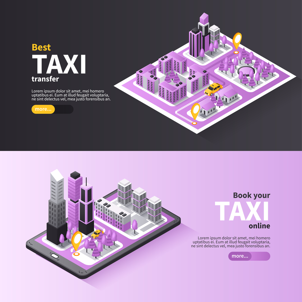 City taxi online booking service 2 horizontal isometric banners web page 3d map black lilac vector illustration
