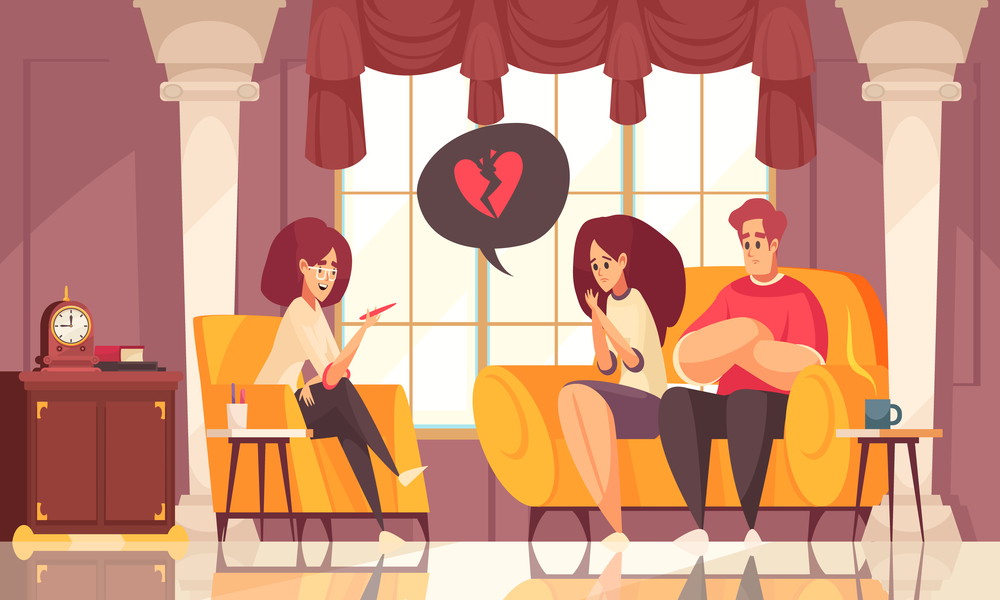 Marriage counselling psychotherapy session with young couple in sexologist office broken heart symbol flat composition vector illustration