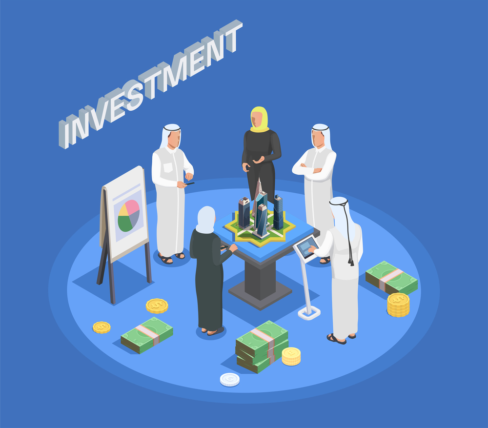 Team of arab people at business meeting isometric composition 3d vector illustration