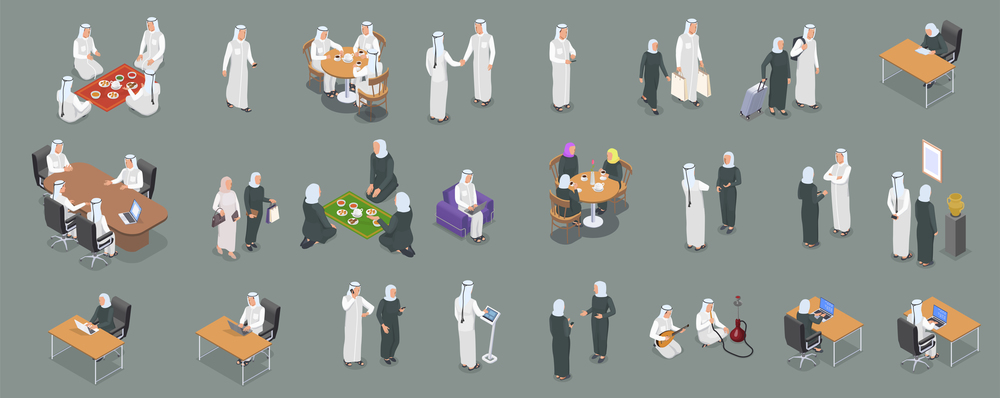 Isometric icons set with arab people working talking on phone having dinner relaxing 3d isolated vector illustration