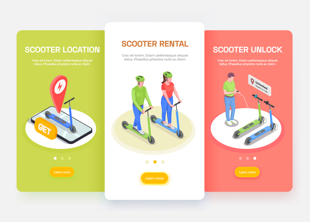 Personal transport isometric banners set with people riding and renting electric scooters 3d isolated vector illustration