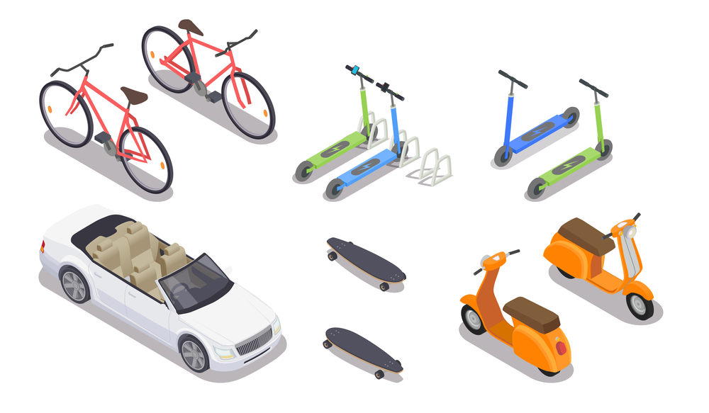 Personal transport isometric icons set with car scooter bicycle skateboard isolated on white background 3d vector illustration