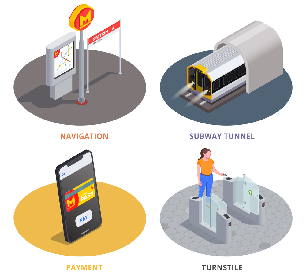 Colored 2x2 design concept with subway tunnel navigation online payment and woman going through turnstile 3d isometric isolated vector illustration