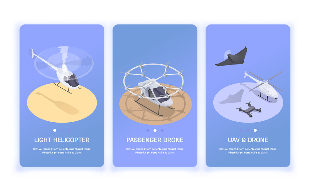 Three vertical small air transport banners with 3d helicopter and drones isometric isolated vector illustration