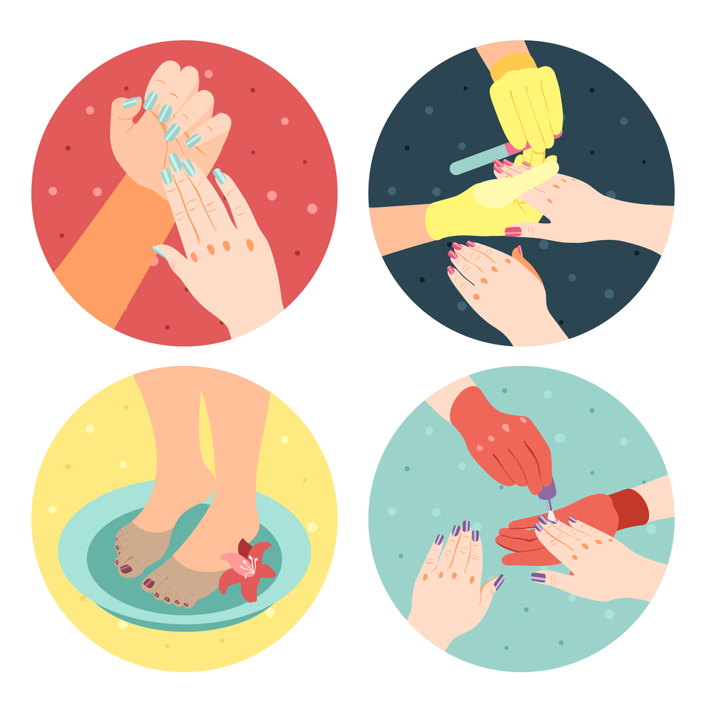 Manicure and pedicure process isometric 4x1 icons set with hands feet and painted nails 3d isolated vector illustration