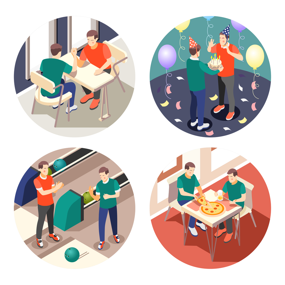 True male friendship 4x1 isometric icons set with men celebrating holidays eating playing 3d isolated vector illustration
