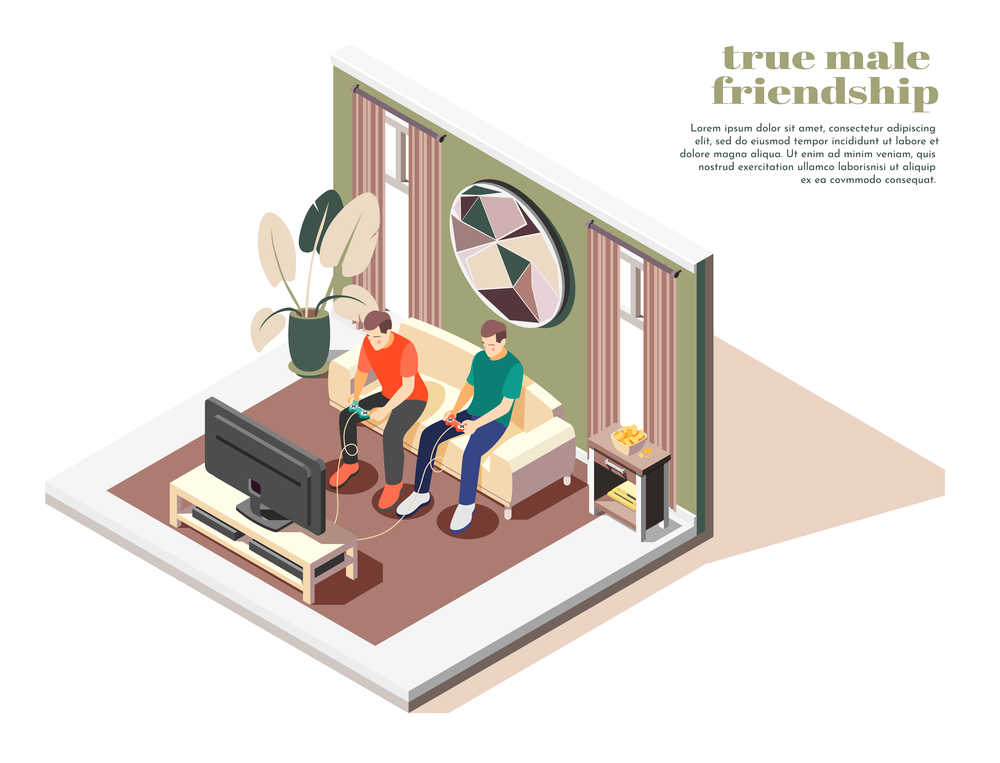 True male friendship isometric composition with men sitting on sofa and playing game 3d vector illustration