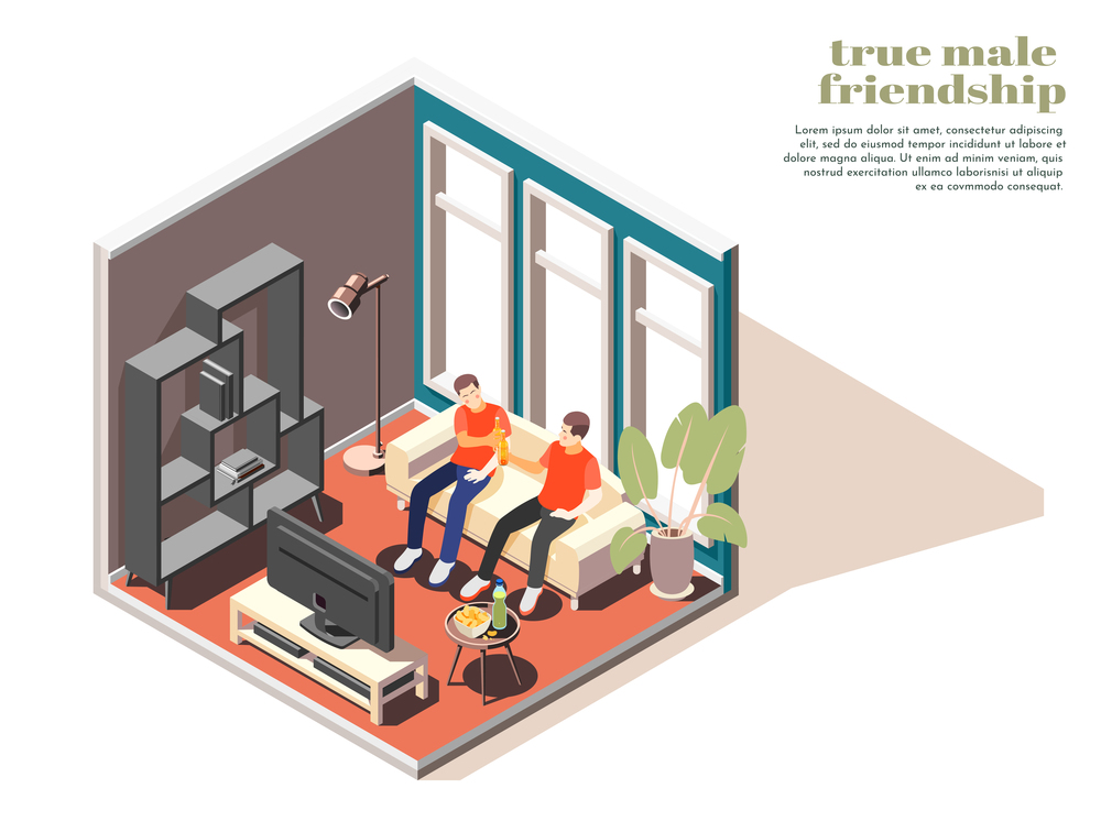 True friendship 3d composition with two male characters sitting on sofa drinking beer in front of tv isometric vector illustration