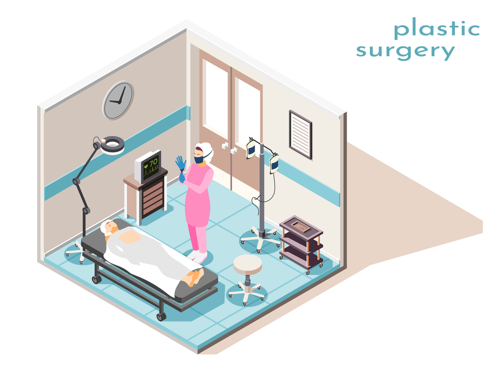 Isometric composition with surgeon and woman getting ready for plastic operation in surgery room 3d vector illustration