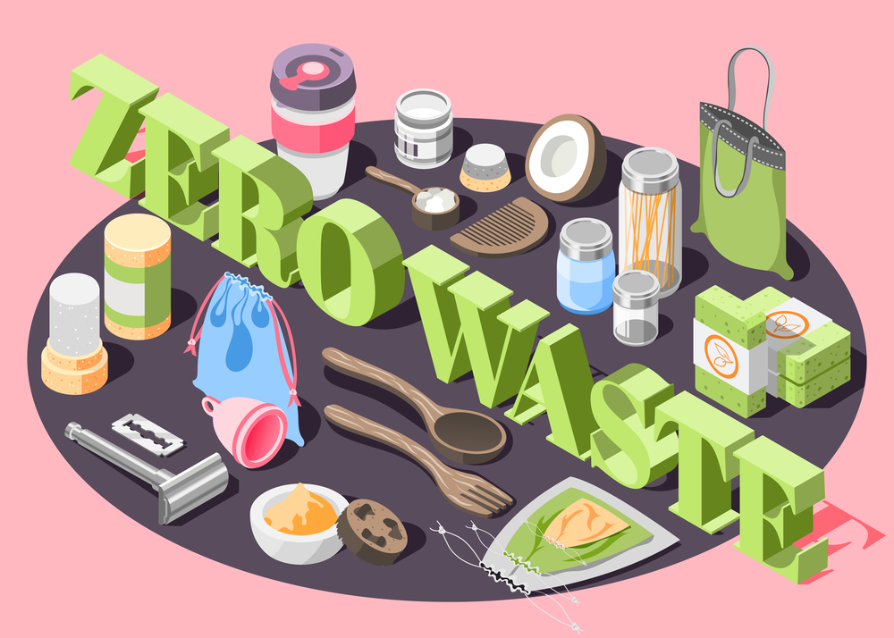 Zero waste isometric composition with eco friendly bags cosmetics cutlery personal things 3d vector illustration