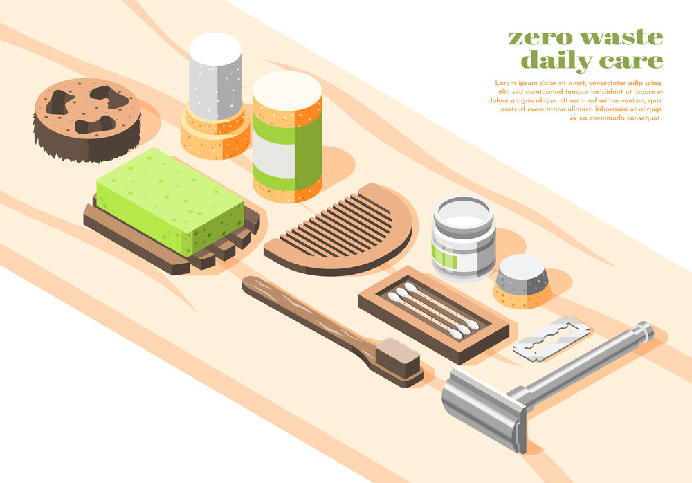 Zero waste isometric composition with eco friendly natural goods for daily body and hair care on wooden shelf 3d vector illustration