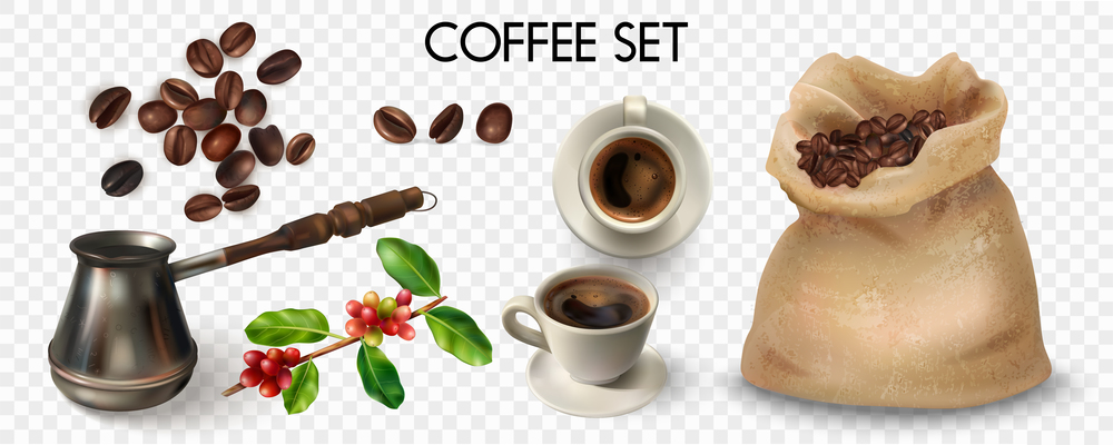Colored and isolated realistic coffee transparent icon set with iron Cezve cup of coffee and beans vector illustration