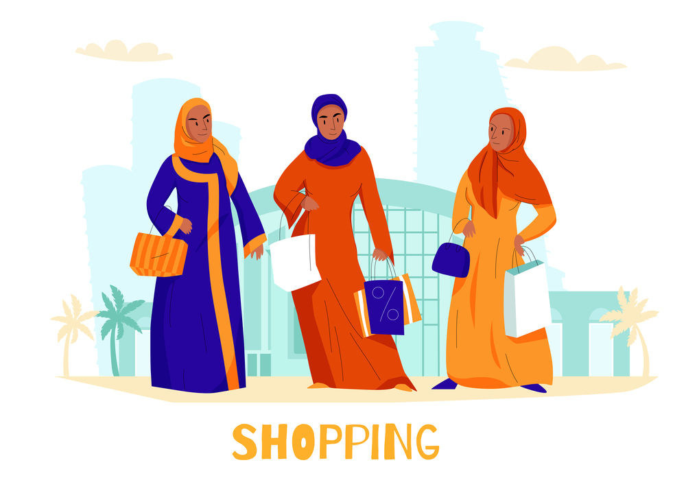 Flat arabs women shopping composition with three women at the shopping center vector illustration