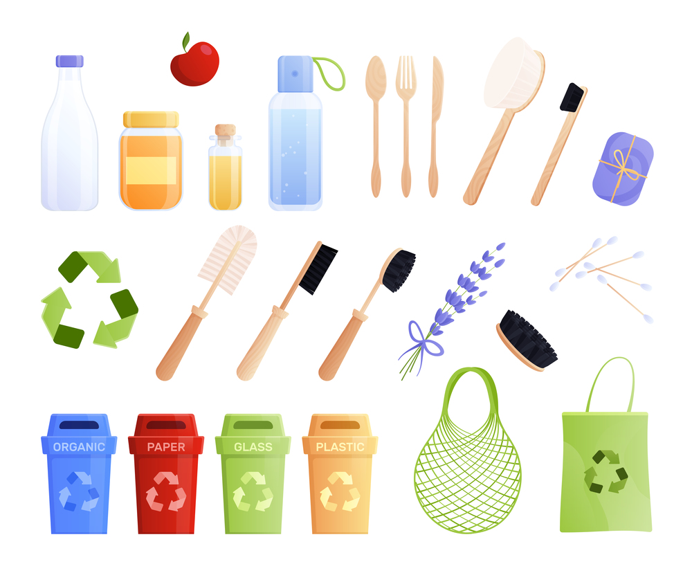 Isolated eco goods flat icon set with different recycle equipment for garbage bottle cutlery and goods for bath and body vector illustration