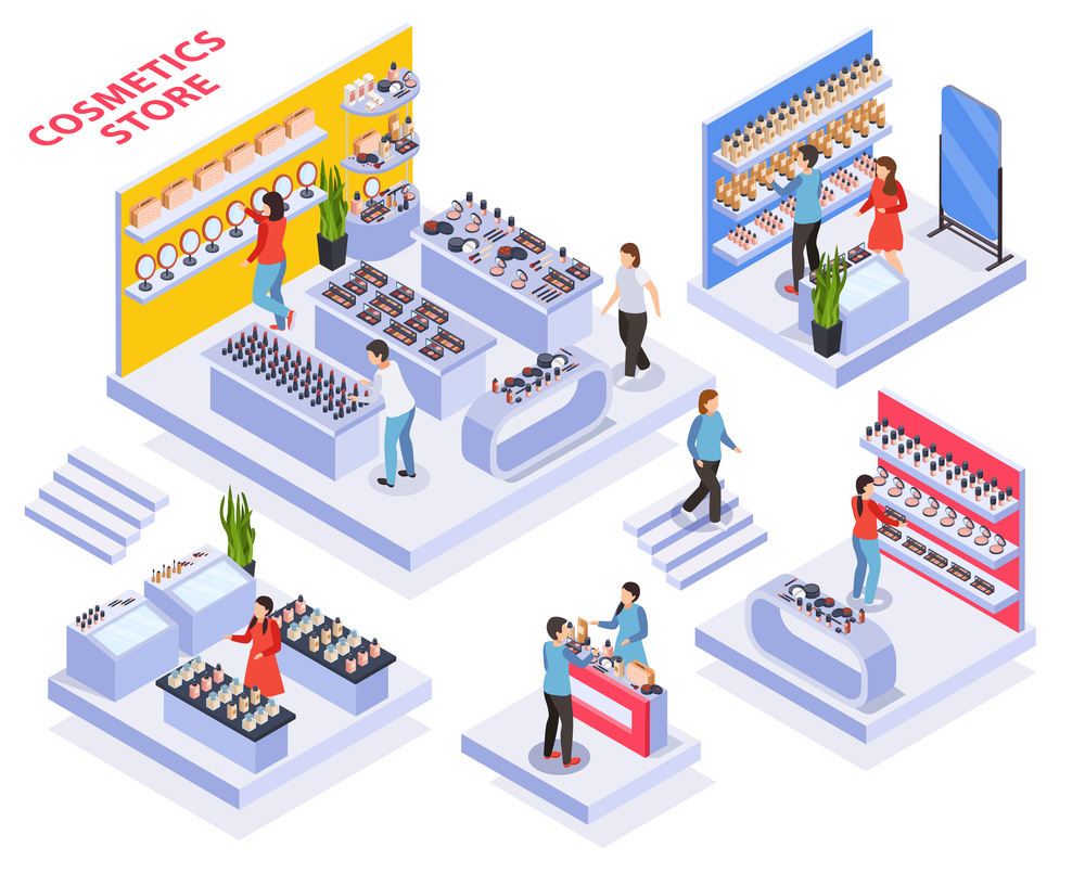 Cosmetics store composition with customers and sale isometric isolated vector illustration