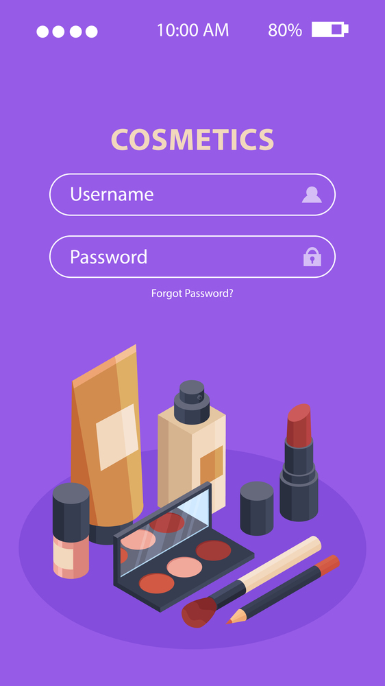 Cosmetics store mobile application with username and password isometric  vector illustration