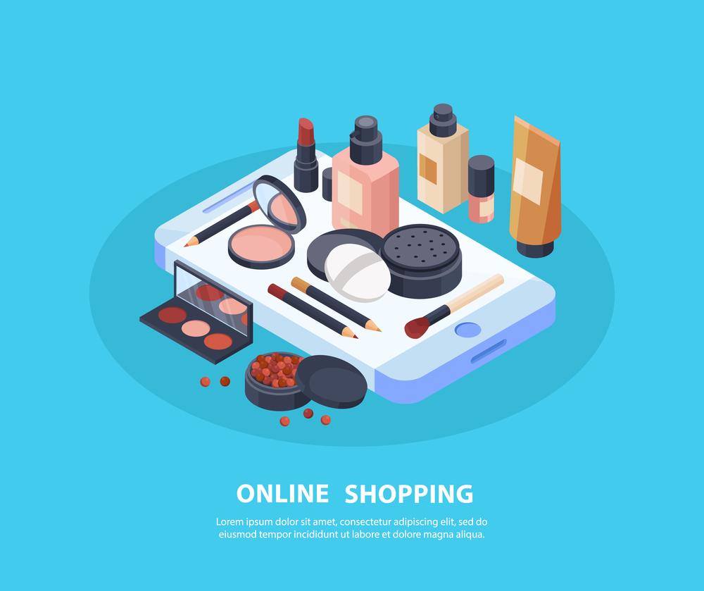 Cosmetics online shopping concept with makeup symbols isometric  vector illustration