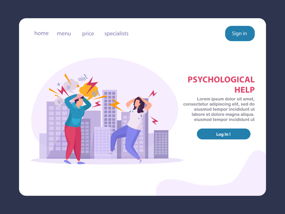 Mental disorders landing page layout offering psychological help to people suffering from stress panic psychosis flat vector illustration