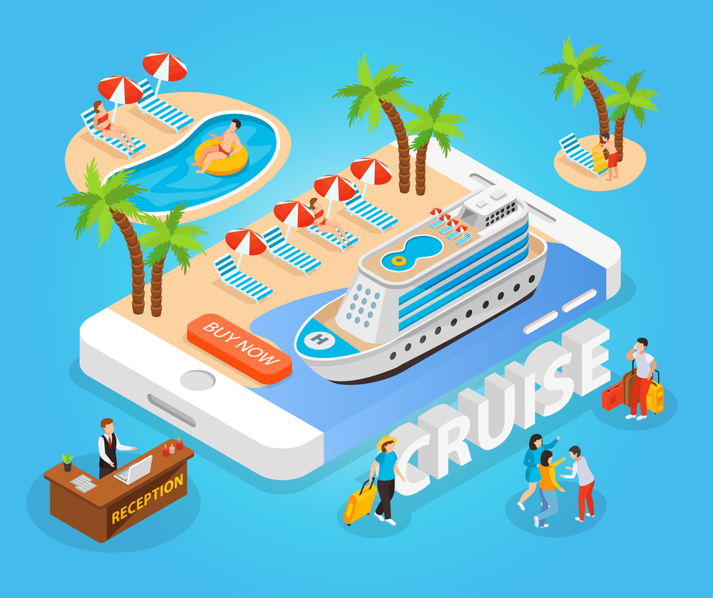 Sea cruise isometric composition with tourists  sunbathing and swimming in south sea vector illustration