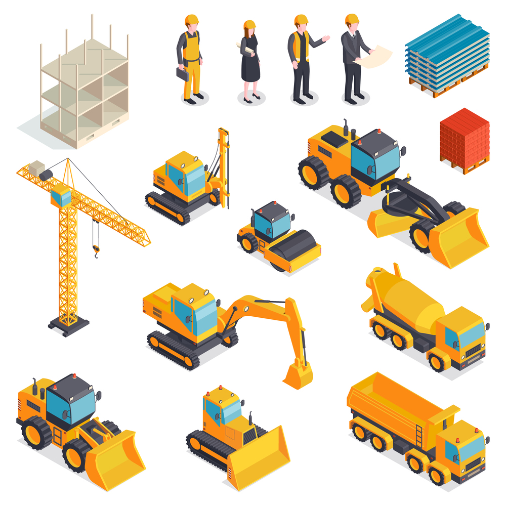 Isometric construction set with isolated images of orange vehicles building machinery materials human characters of builders vector illustration