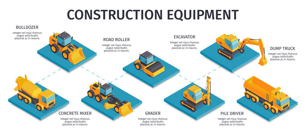 Isometric construction infographics with editable text captions and isolated platforms with pieces of civil engineering machinery vector illustration