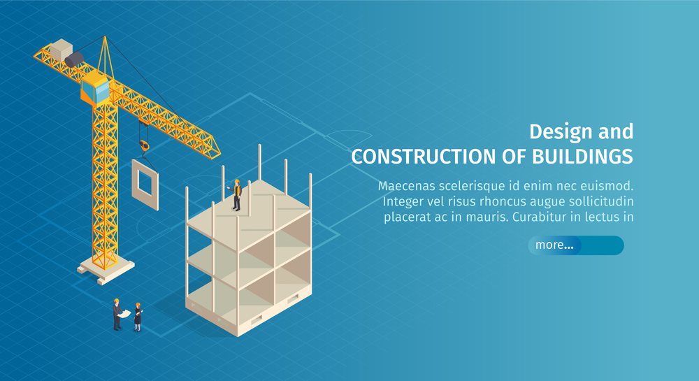 Isometric construction horizontal banner with slider button text and images of crane with half-constructed building vector illustration