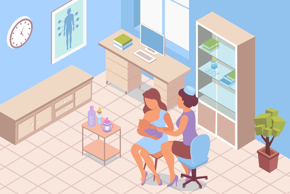 Breastfeeding consultation lactation isometric composition with indoor scenery of clinic room with doctor and nursing woman vector illustration