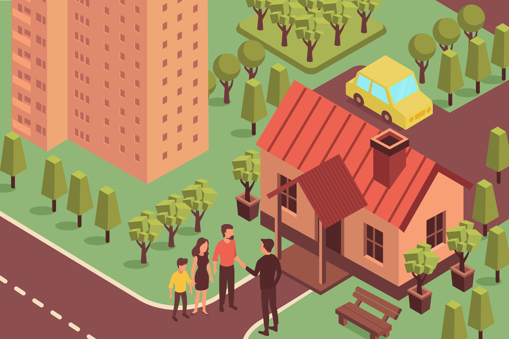 Real estate isometric composition with outdoor scenery living houses trees and characters of realtor with clients vector illustration