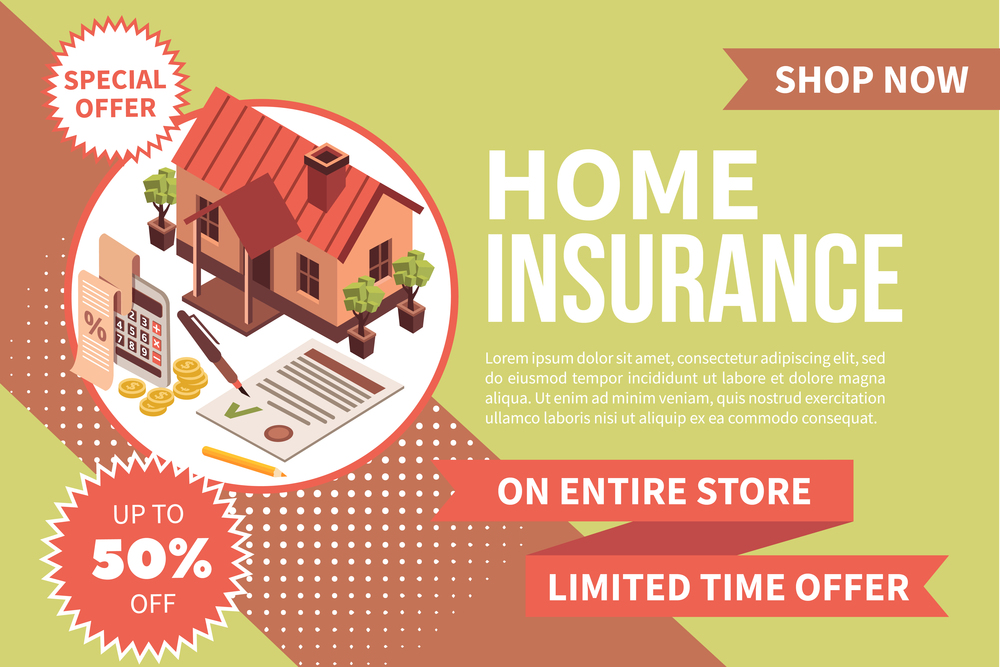 Home insurance banner isometric background with sale discount badges editable text and round composition with house vector illustration