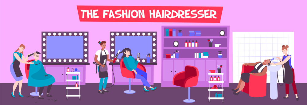 Hair salon interior with customers and hairdressers creating fashionable hairstyles flat vector illustration