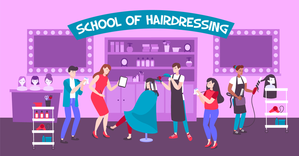 School of hairdressing horizontal illustration with students receiving practical competence from masters in barbershop