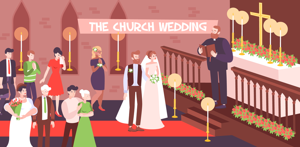 Wedding religious ceremony in church with couple getting married and priest at altar vector illustration