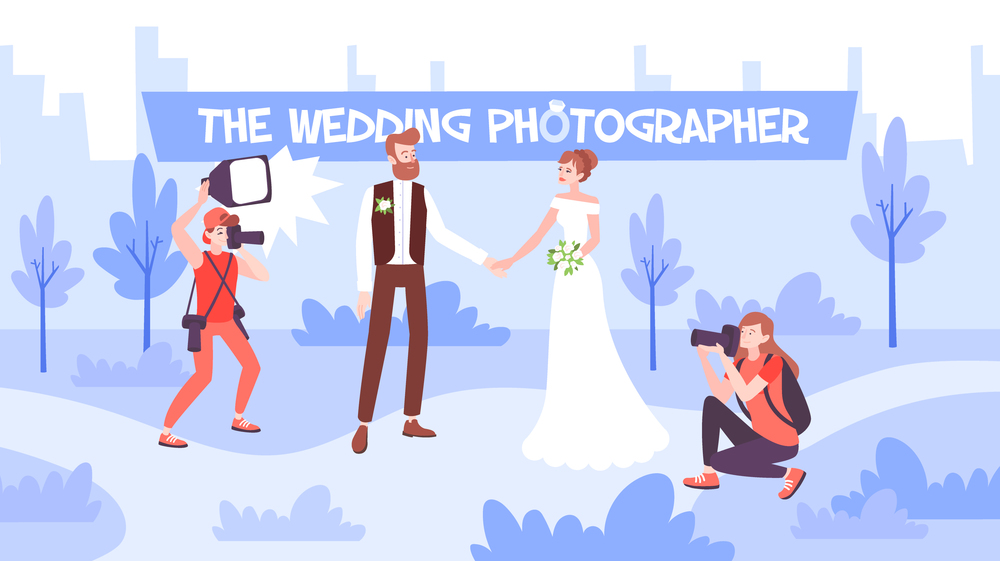 Wedding photo session flat composition with bride and groom outdoors and two photographers using   professional equipment vector illustration