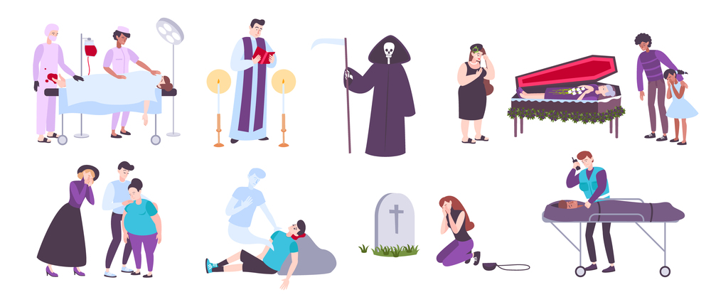 Human death funeral service cemetery and mourning flat icons set isolated on white background vector illustration