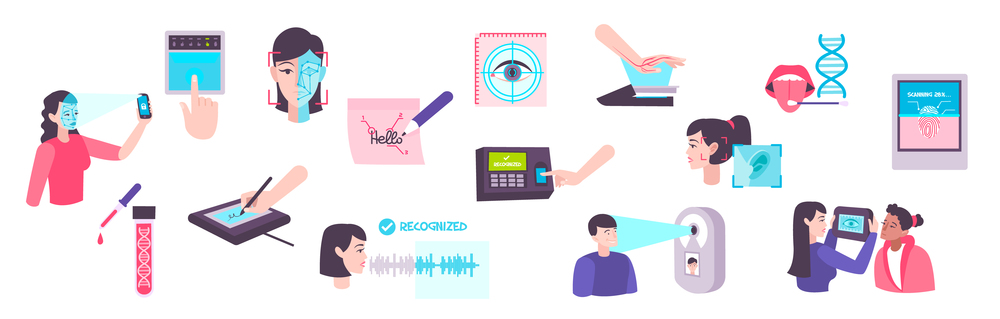 Biometric technologies flat icons set of eye voice fingerprint dna identification isolated vector illustration
