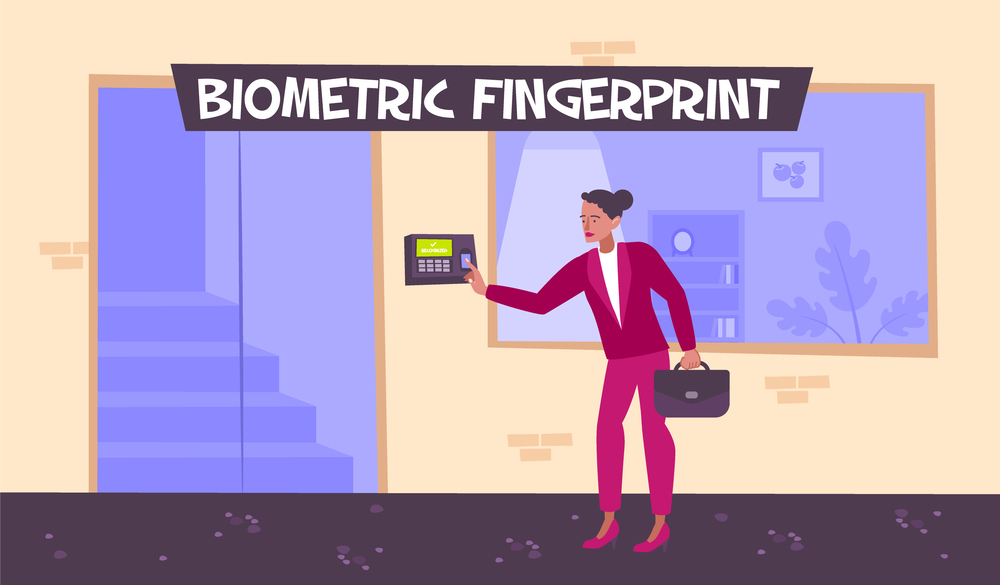 Biometric security flat vector illustration with woman using finger identification on electronic control device to access inside building vector illustration