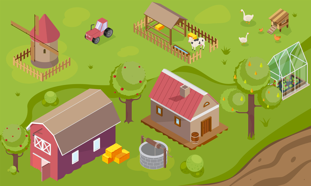 Countryside background with windmill house granary and greenhouse isometric vector illustration