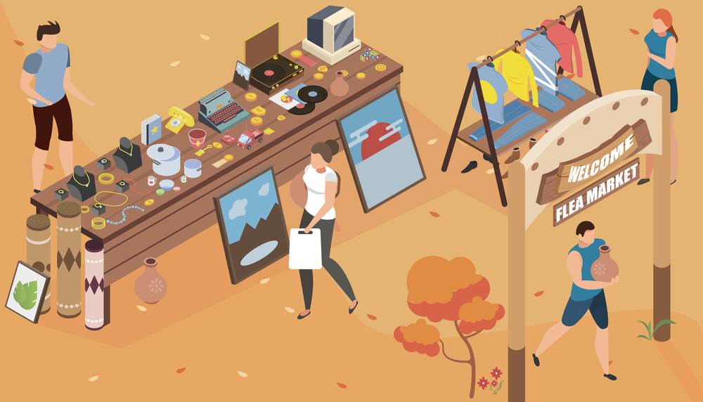 Flea market garage isometric composition with human characters shopping rare items at outdoor exposition with text vector illustration